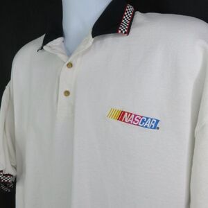 Nascar Polo Shirt Mens 2XL 100% Cotton Race Flag Trim White Black Check Red SS